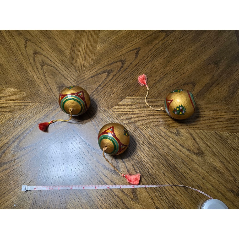 Hand Painted Gold Papier Mache Christmas Ornaments with Tassels Set of 3